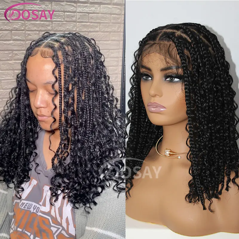 

Black Full Lace 12" Short Boho Bob Braided Wigs Bohemia Box Braids Synthetic Full Lace Frontal Wigs Deep Wave Goddess Braids Wig