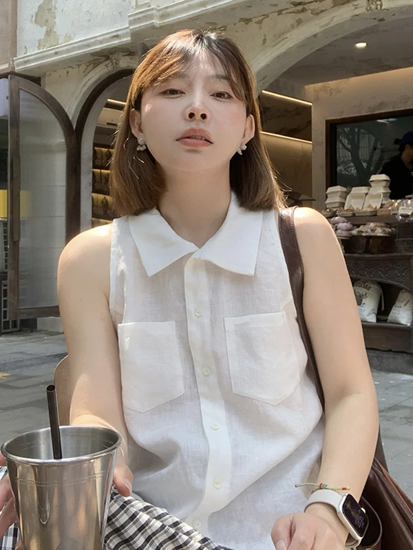 

Ele White Svel Ne Hanging Top для женщин, летний маленький размер, простой Sle, корейская версия, свободный крой, пуговицы, чистый цвет