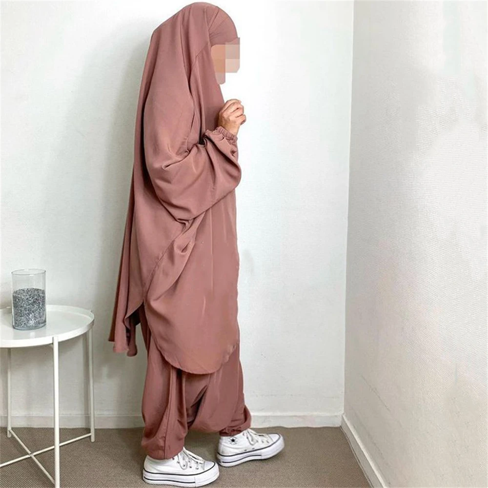 Eid Con Cappuccio Donne Musulmane Indumento di Preghiera Abito Set 2 Pezzi Pantaloni Harem Khimar Robes Copertura Completa Abito Ramadan Abaya