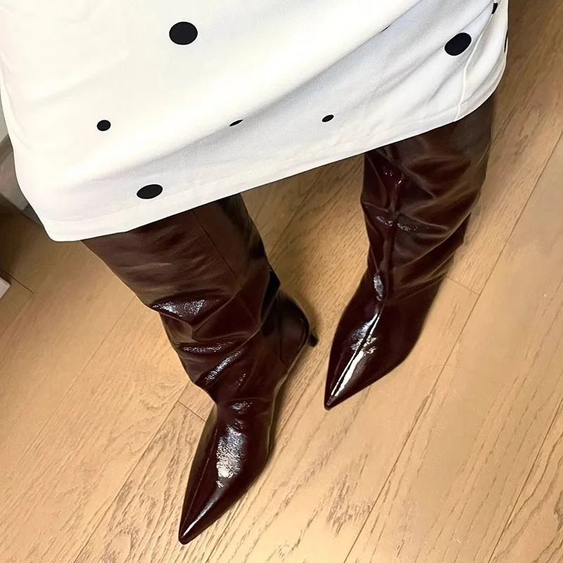 Wine Red Cowhide Fashion Boots~New Pointed Splicing Sleeve, Slim Heel, Mid Heel, Elegant High Boots for Women