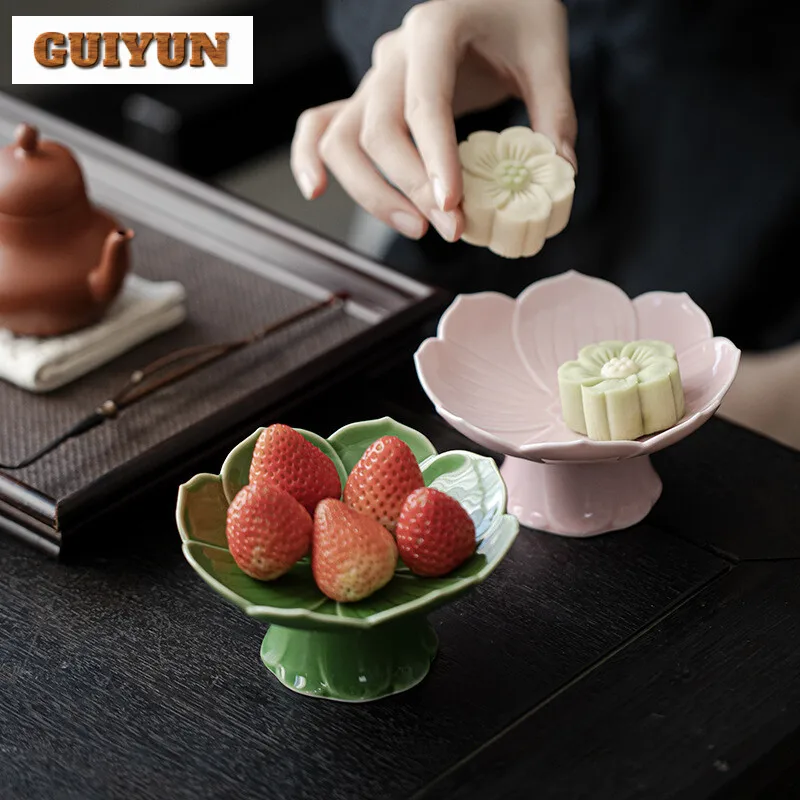 Chinese Lotus High Foot Fruit Dishes Boutique Pastry Plate Snack Plate Household Hospitality Dishes Chinese Tea Set Ornaments