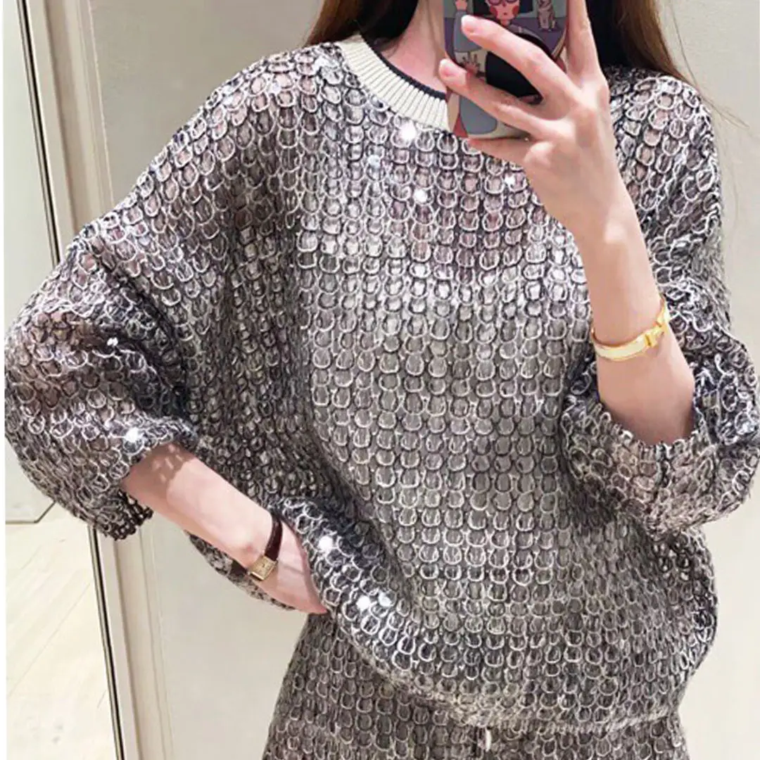 Women\'s Sequined Embellished Cropped Sweater  Temperament Fashion Loose Slim Female Top