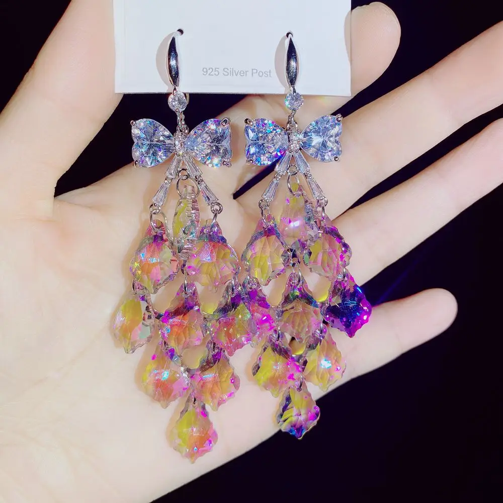 2024 New Colorful Purple Crystal Dangle Drop Earrings for Women Bohomia Trend Korea Fashion Luxury Wedding Party Banquet Jewelry