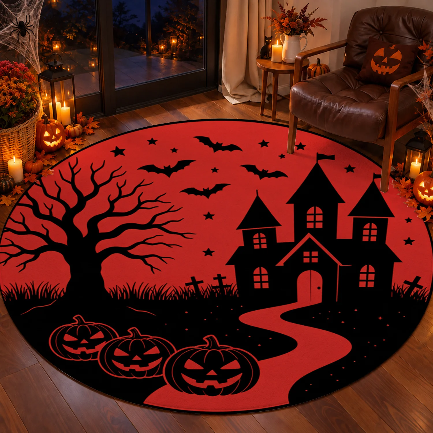 Halloween Haunted House Pumpkin Bat Pattern Velvet Rug Machine Washable for Living Room Bedroom Entryway Dining Room Halloween Thanksgiving Christmas New Year Black Friday Cyber Monday
