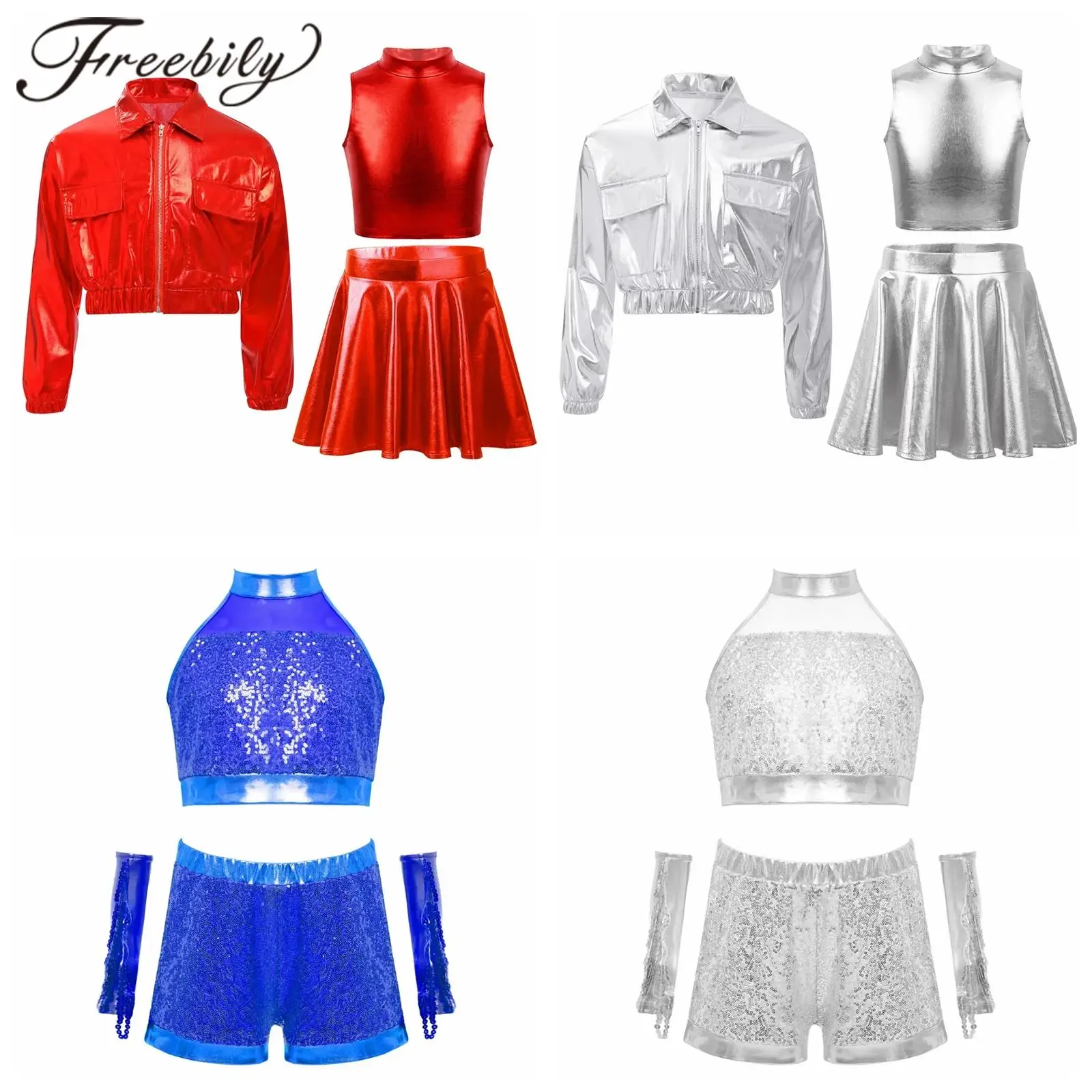 キッズガールズチアリーディングユニフォームメタリック光沢のあるダンスウェアセットチアリーダー衣装ジャズダンス衣装ジャケットクロップトップススカート