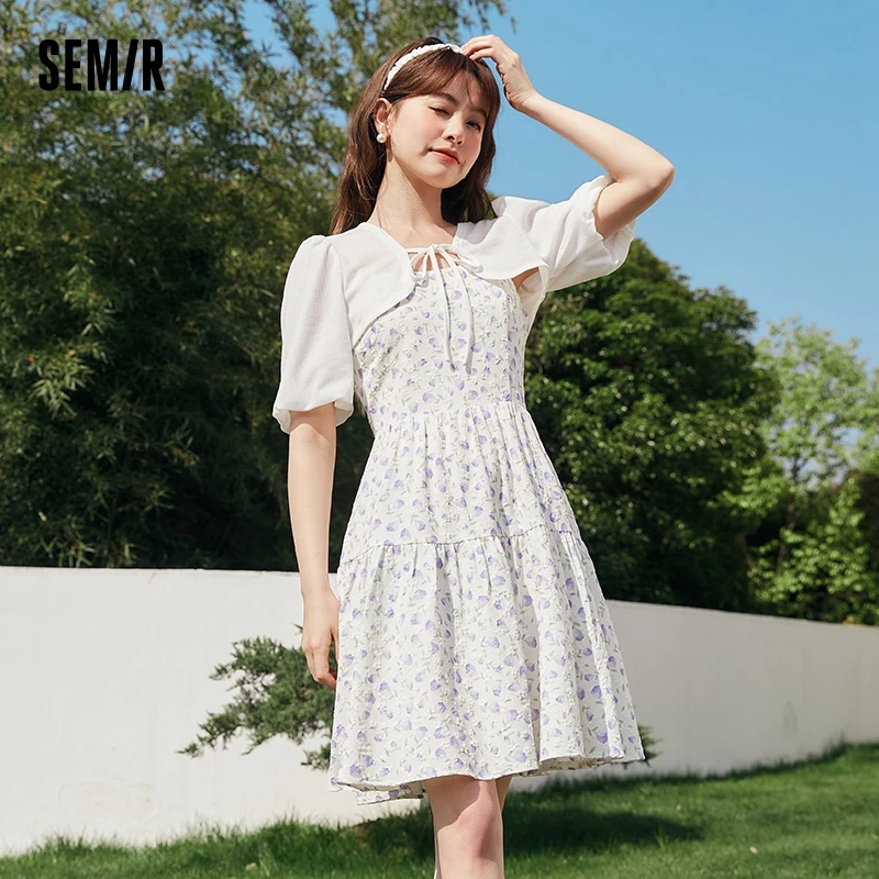 Semir Dress Women Halter Chiffon Floral Dress Waffle Short Cardigan 2024 New Summer French