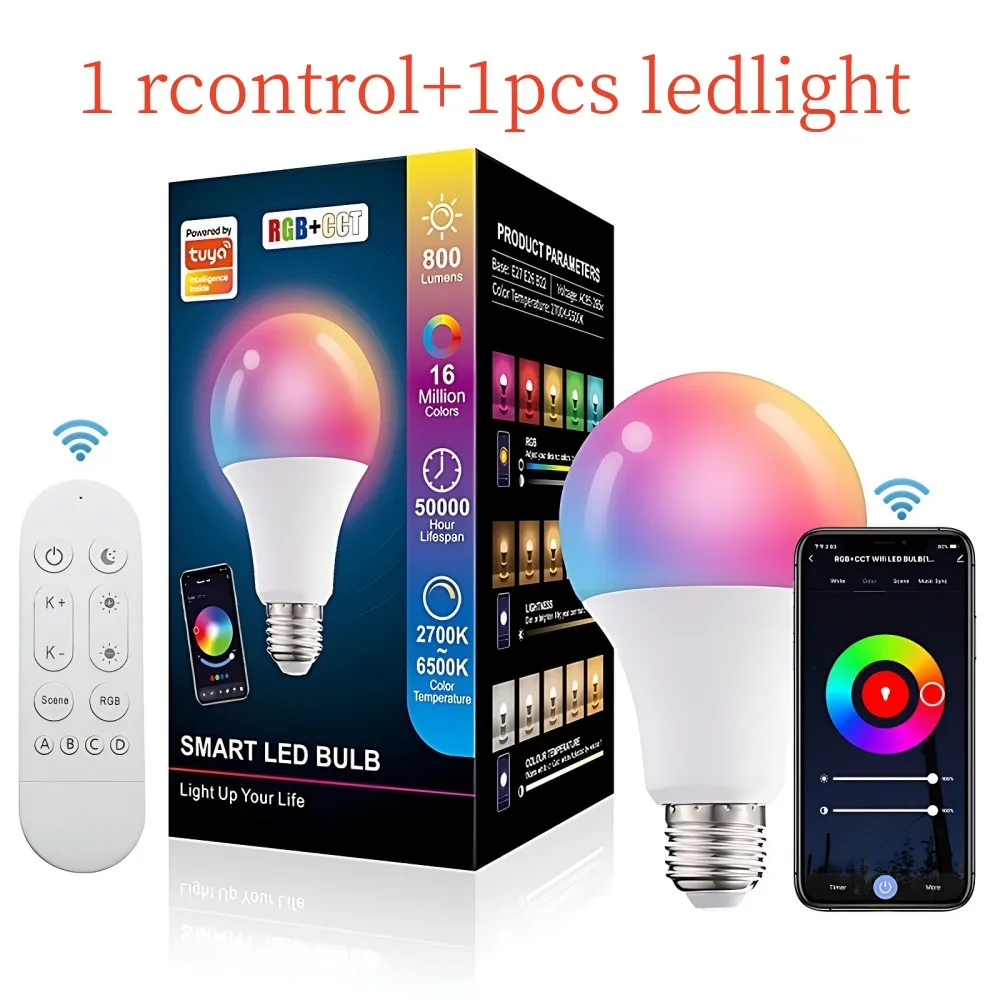 E27 Bohlam Pintar LED Lampu Tuya RGB Kontrol Aplikasi Bluetooth Ampul Dapat Diredupkan Bohlam Lampu LED Rumah Kamar Tidur Dekorasi Pesta Natal