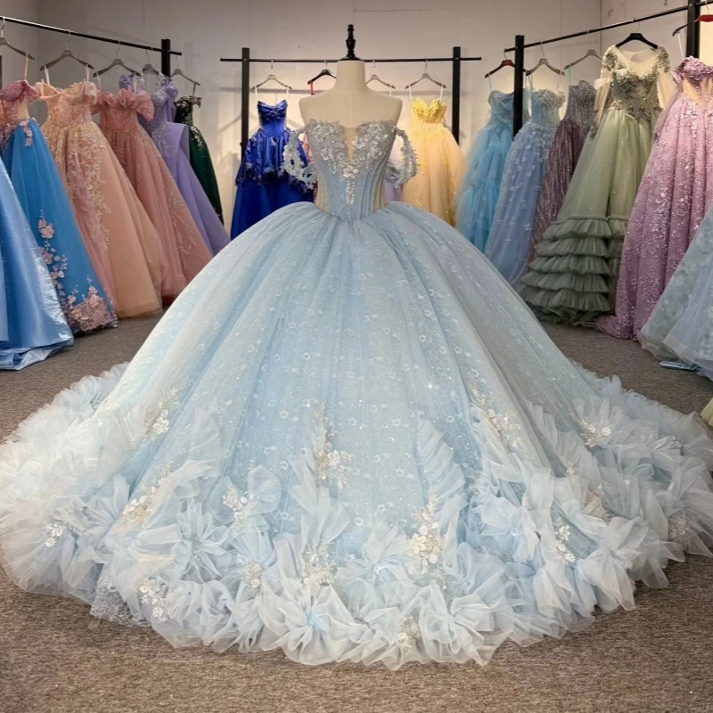 

Light Blue Ball Gown Quinceanera Dresses Off The Shoulder Sequin Applique Lace Beading Tull Party Birthday Sweet 16 Dress Vestid