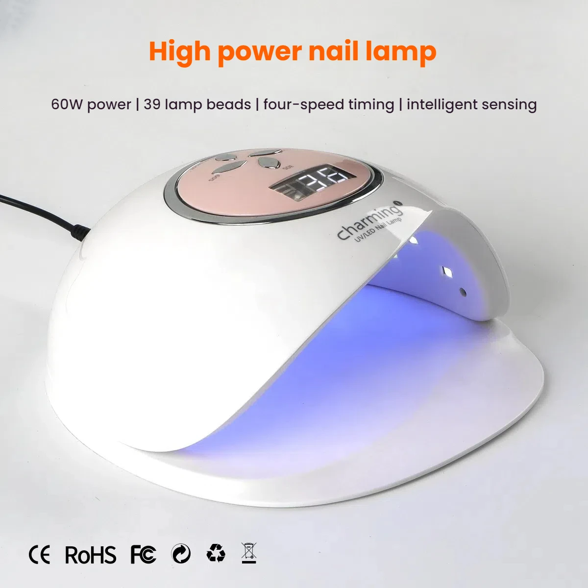 60W High Power Dual Power UV LED Nail Lamp 39 Bead Fast Curing Dryer with 4 Timer Modes for Professional Manicure