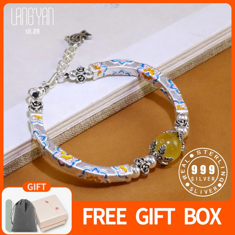 

Langyan Real 999 Silver Honey Wax Amber Bangle Women's Chinese Style Elegant Flower Bracelet Jewelry Original Design SL214
