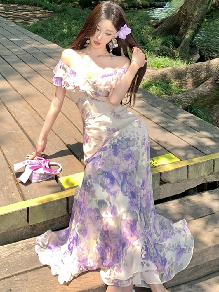 Summer Purple Floral Chiffon Chic Ruffled V-Neck Sexy Long Dress Women Boho Elegant Casual Dress 2025 Korean Bodycon Party Dress