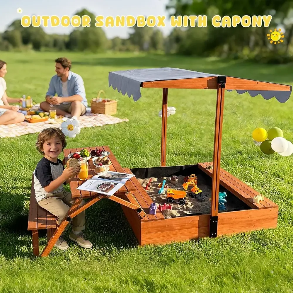 Durable Wooden Sandbox with UV-Protected Lid and Adjustable Picnic Table Combo