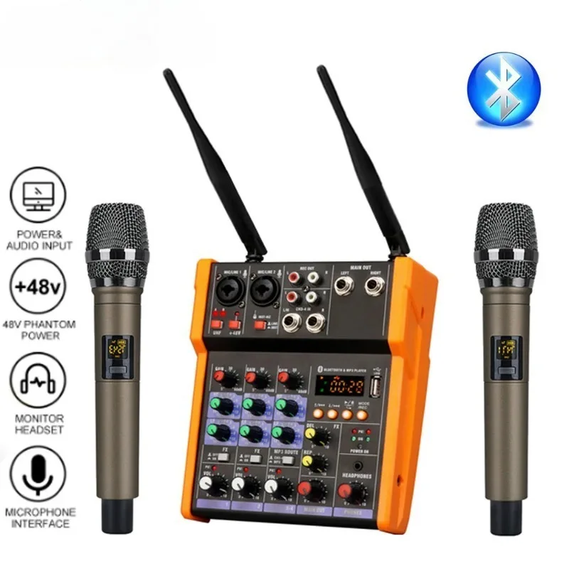 4-Channel Audio Mixer Console with Wireless Microphone Sound Mixing Bluetooth USB Input DJ Mixer