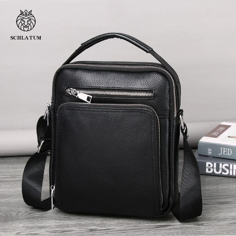 SCHLATUM Genuine Leather Men Crossbody Shoulder Bag Cowhide Black Messenger Bag for iPad Big Size Men's Handbags Casual Business