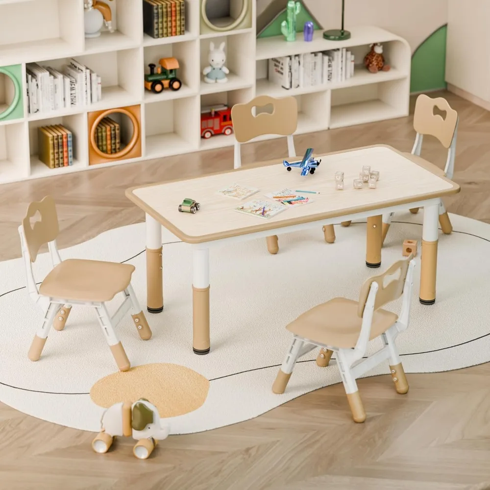 Kids 48 Inch Table and 4 Chairs Set, Kid Table and Chairs Set, Height Adjustable, Multi-Activity Table, Graffiti Desktop