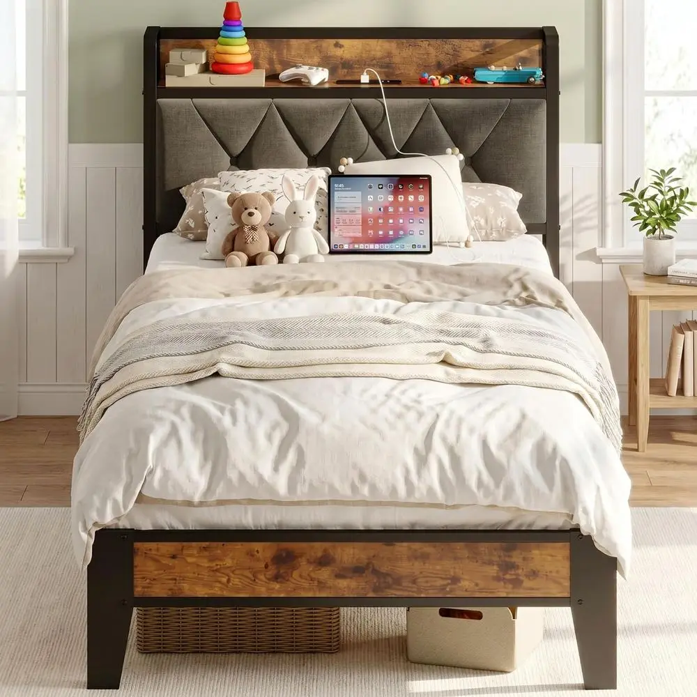 

Twin Size Bed e, Tuted Upholstered board with Built-in Storage & Power Outlets, Heavy-Duty Metal