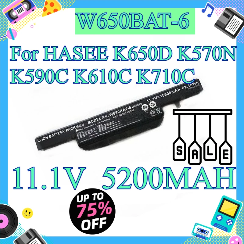 11.1V, 5200MAH, Replacement Laptop Battery For HASEE K650D K570N K590C K610C K710C, W650BAT‑6