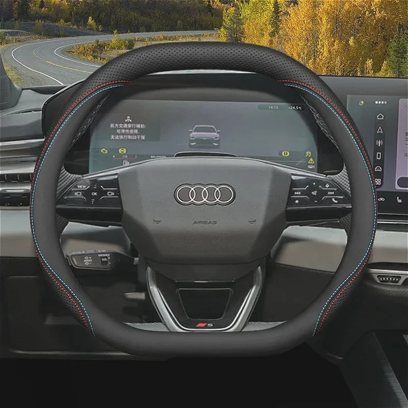 Nappa Leather Car Steering Wheel Cover Double D Shape For AUDI A6 Q5 A5 Avant Sedan Q4 Q5 E-tron Q6 E-tron A6 E-tron Accessories