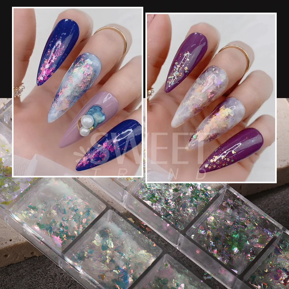 12 Grids Holographic Opal Fire Flakes Nail Art Paillette Translucent Aurora Iridescent Glitter Set Nail Decoration Powder SAJDP