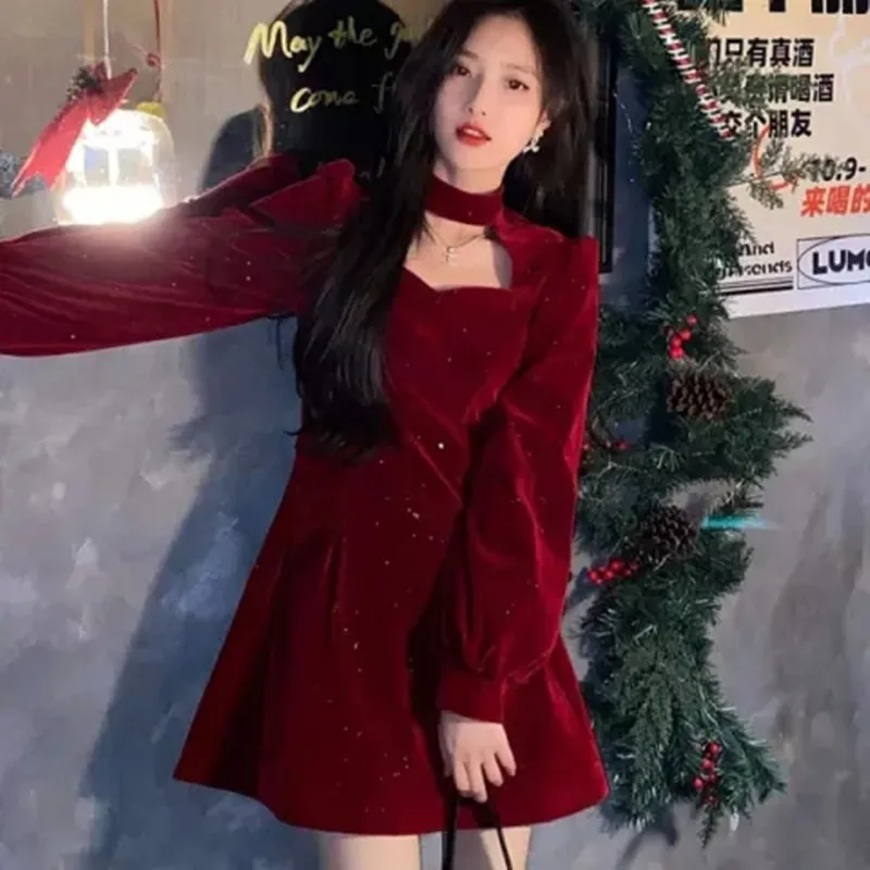 Velvet Christmas Elegant Red Dress Women's Autumn and Winter New Temperament Waist-Controlled Slimming Long Sleeve A- line Skirt