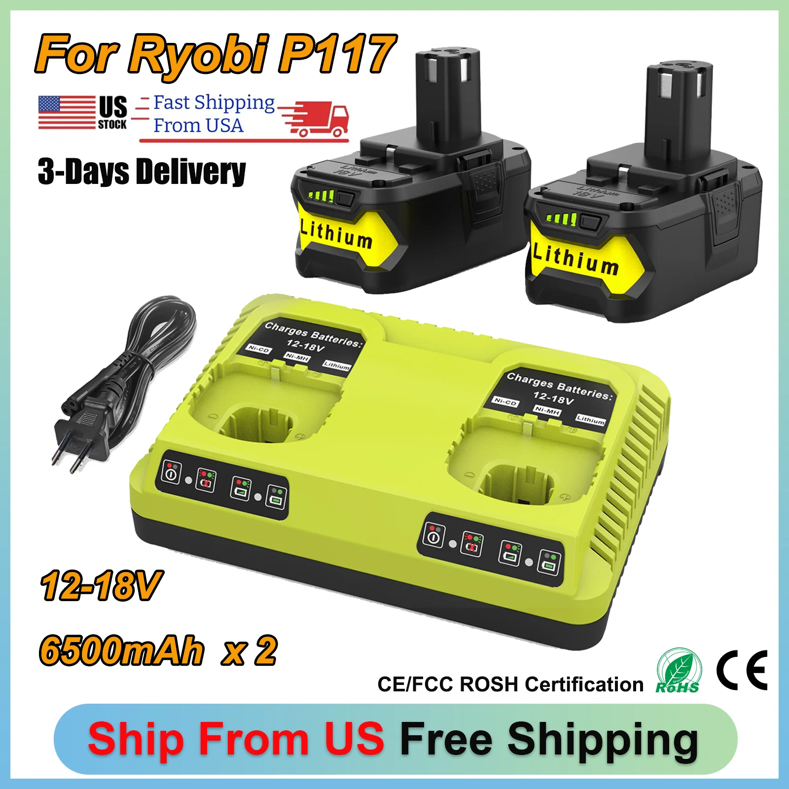 P117 For Ryobi 12V 18V Dual Battery Charger with 2 Pack 6500mAh Rechargeable Lithium Battery for Ryobi P107 P108 P109 P102 P104