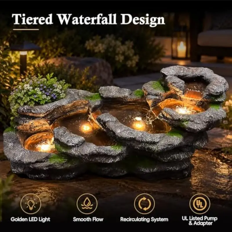 5-Tier Resin Outdoor Fountain with Adjustable Flow Pump and Integrated LED Illumination for Garden Patio Backyard Deck Decoratio