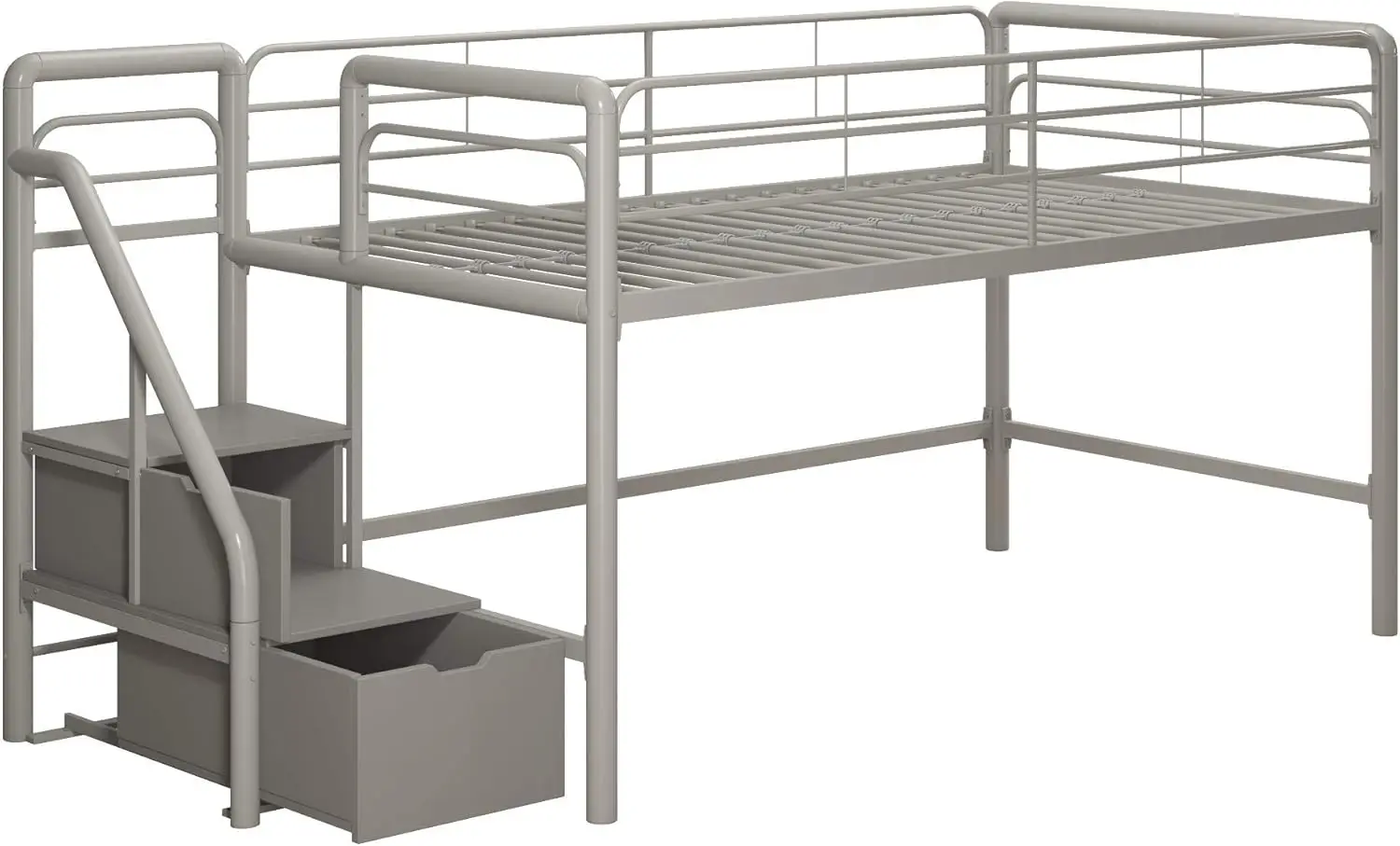 Lit Loft junior en métal avec marches de rangement, lit double multifonctionnel, solution peu encombrante, argent avec marches grises