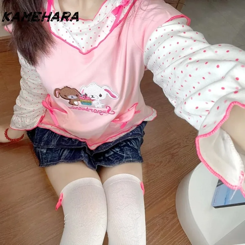 KAMEHARA Camiseta de manga larga con efecto de dos piezas, diseño de conejo de postre y puntos ondulados, estilo japonés dulce y lindo para niña, suave y adorable