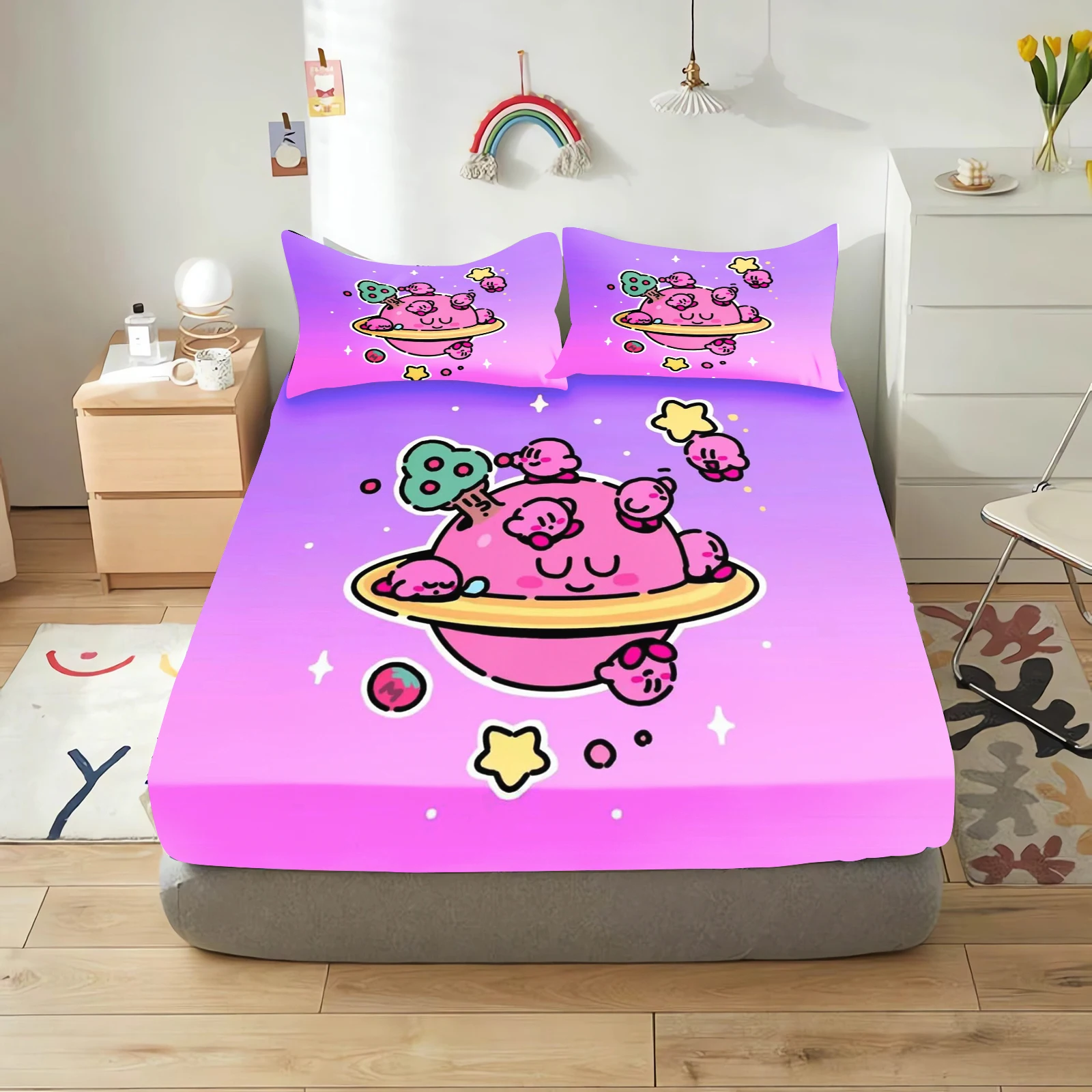 

Kirby Fitted Sheet Kids Cartoon 100% Polyester Children Elastic Sheets Soft Cover Cute Digital Printing Design Bedroom Beding