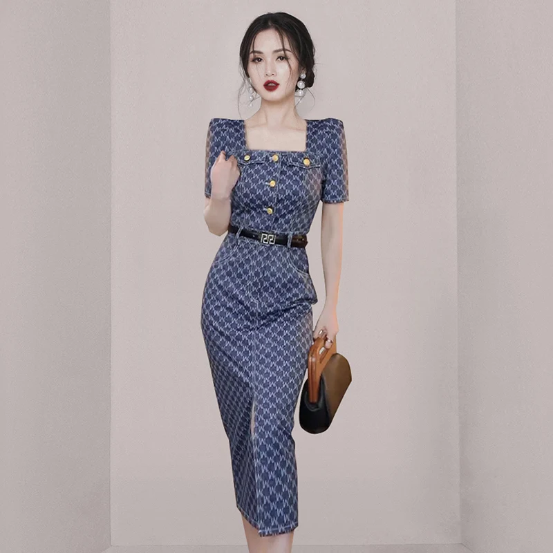 Korean Fashion Summer Short Sleeve Split Temperament Square Collar Midi Length Dress Elegant Woman Party Dresses 2023 with Belt