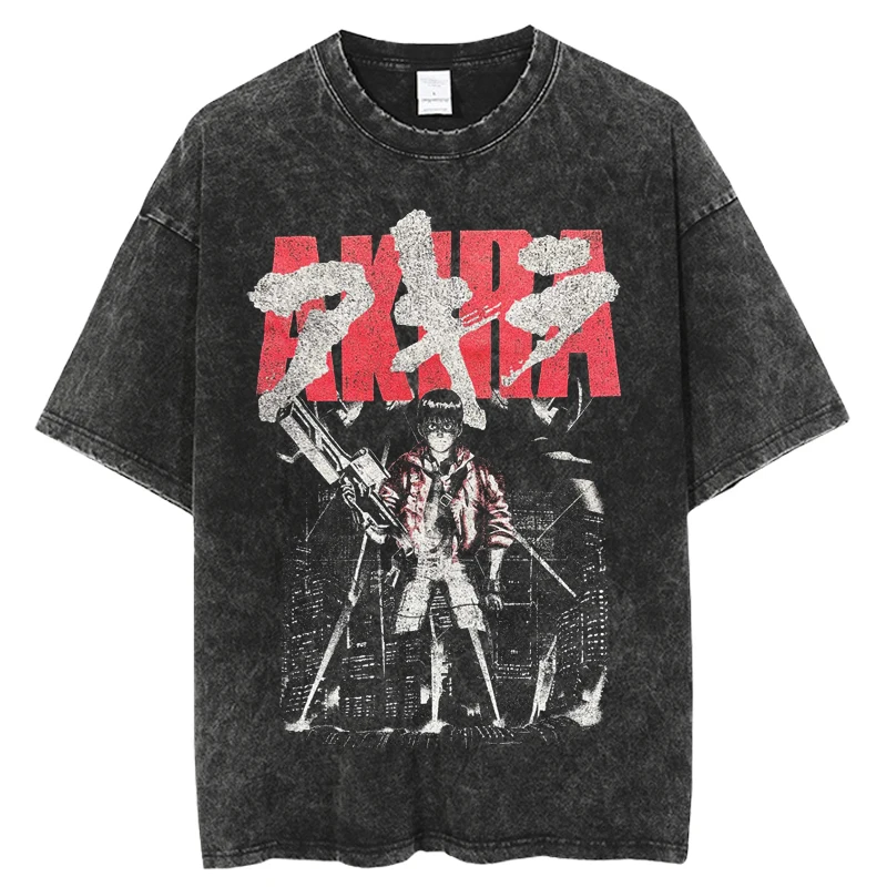 

2023 Vintage Washed T-shirt Japanese Anime Akira Streetwear Casual Harajuku Cotton Men O-Neck Short Sleeve Tshirt Unisex Tops