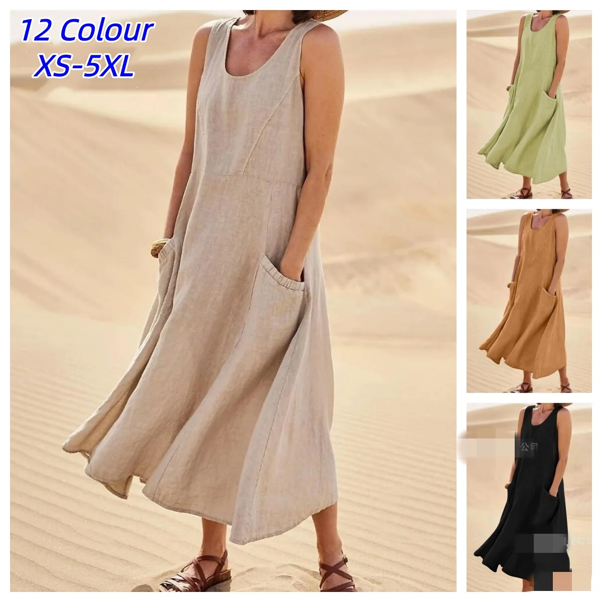 Ärmelloses Trägerkleid aus Baumwolle und Leinen, lockeres Damenkleid mit seitlichen Doppeltaschen, einfarbig, Sommerkleid für Damen, lässiges Pendlerkleid