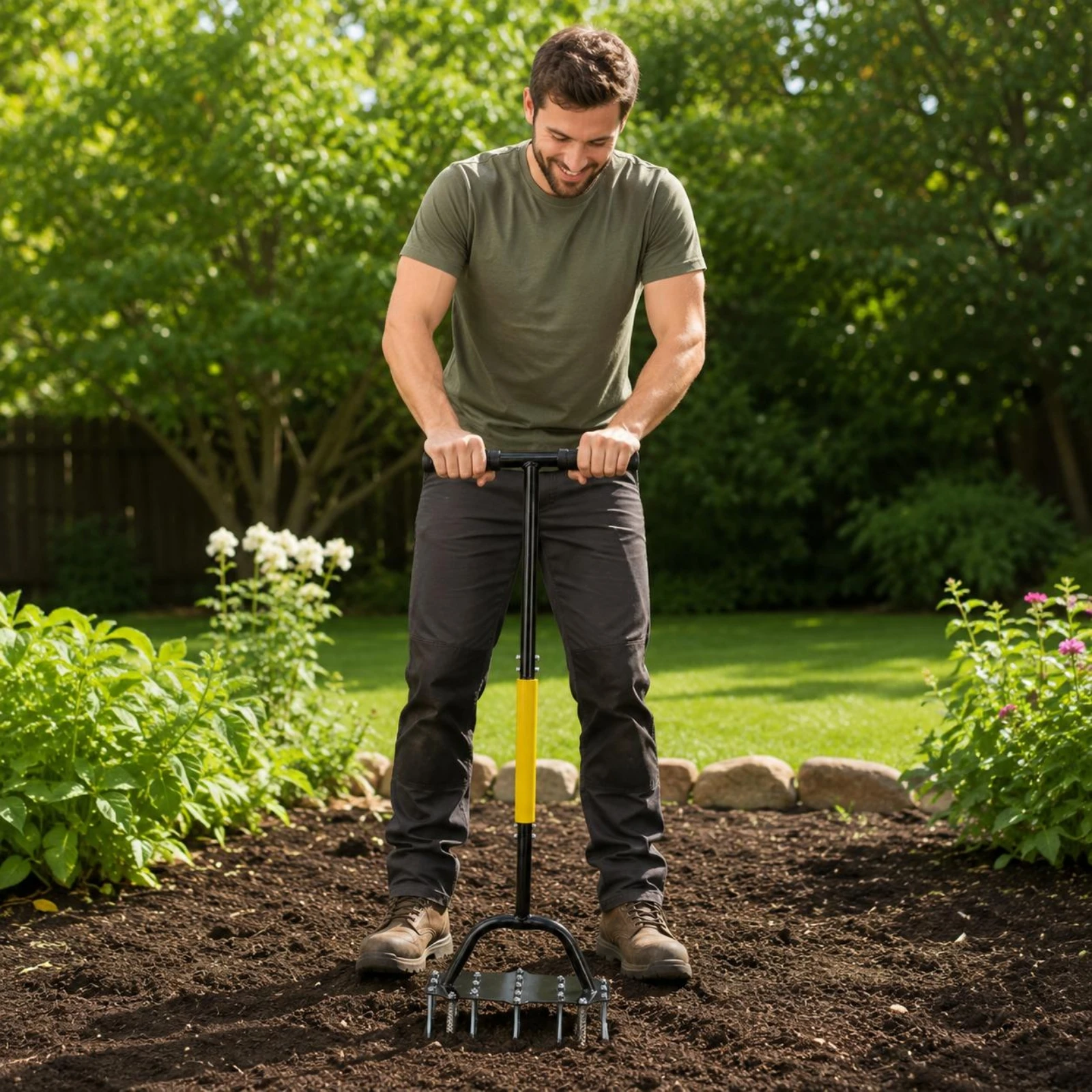 Manual Coil Soil Loosener T-Handle Coil Cultivator Hand Soil Aerator Black and Yellow Garden Tool Heavy Duty for Lawn