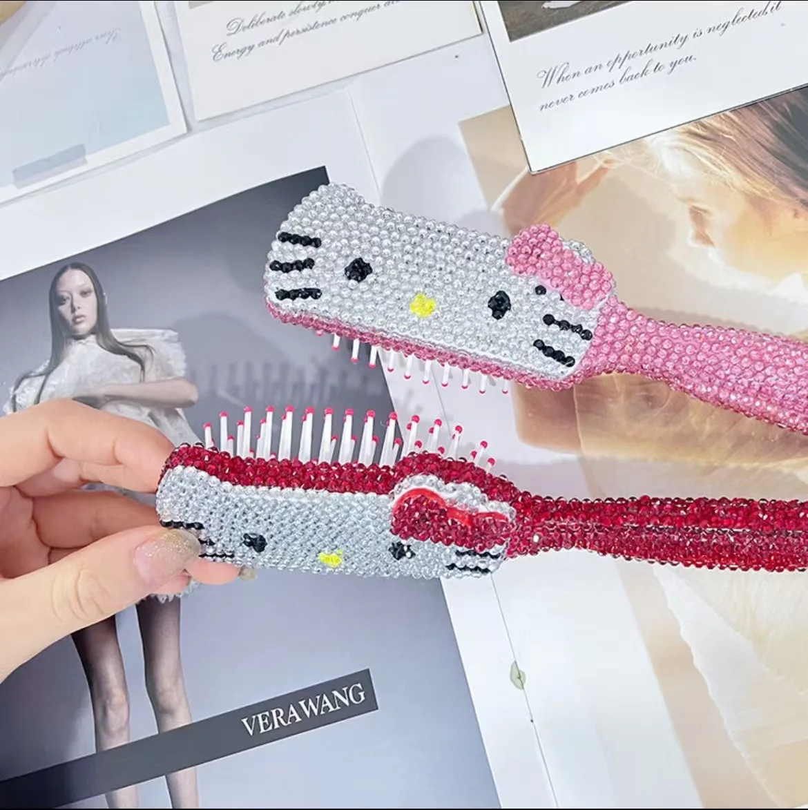 Расческа Hello Kitty, полная дрель, расческа для рукоделия, маленькая портативная расческа для макияжа, блестящая яркая расческа с бриллиантами, художественные расчески