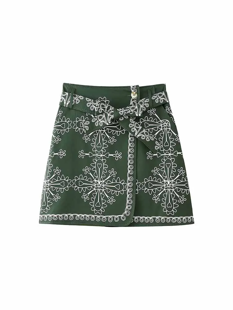 

TRAF2024 European and American style foreign trade women's clothing new fashion versatile casual printed cotton short skirt