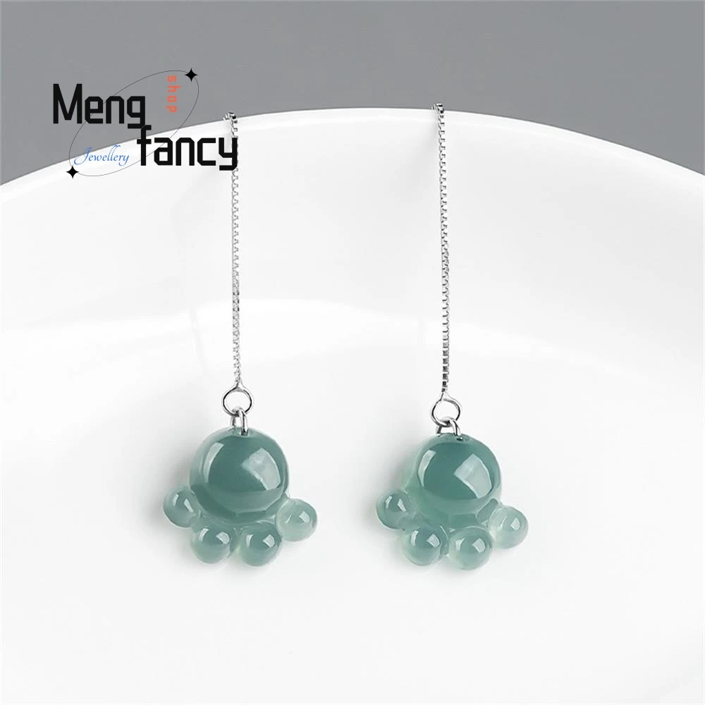 

Natural A-goods Jadeite Blue Water Cat's Claw S925 Silver Ice Jade Stone Lovely Personality Female Earrings Fashion Fine Jewelry