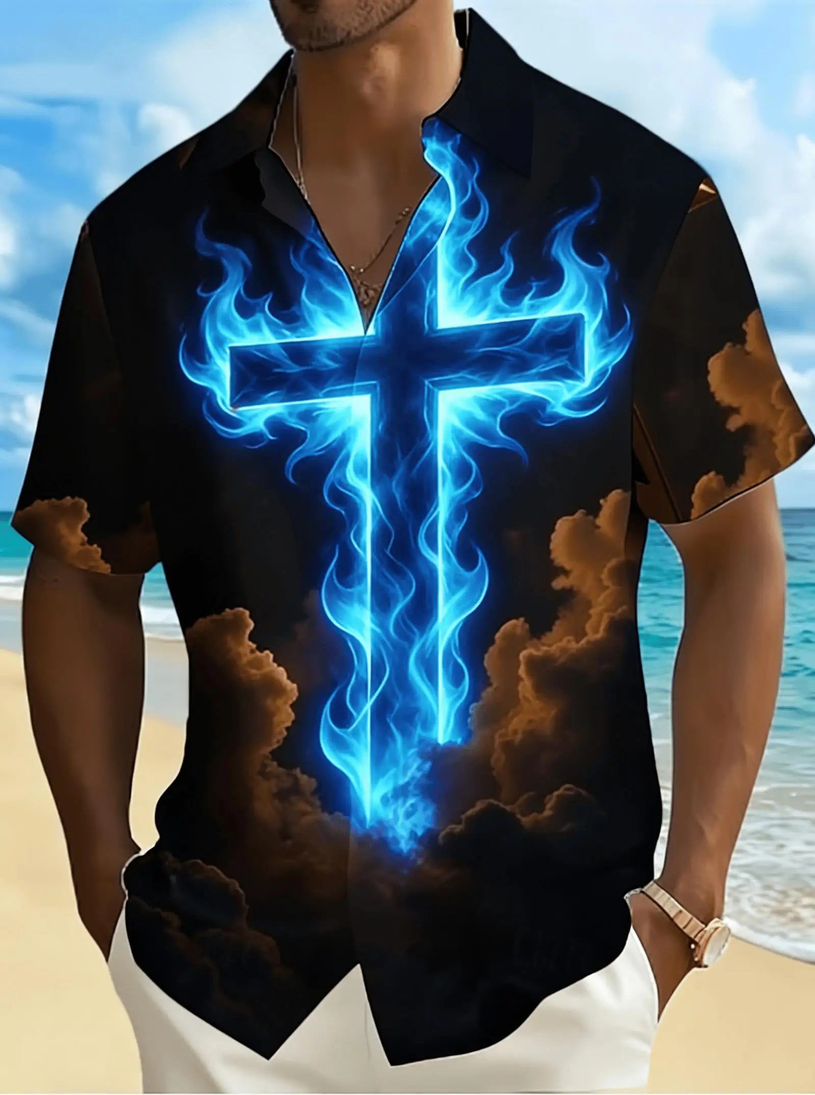 Men's Cross Gradient Print Short Sleeve Shirt, Spring Summer Religious Casual Blouse, Loose Casual Top