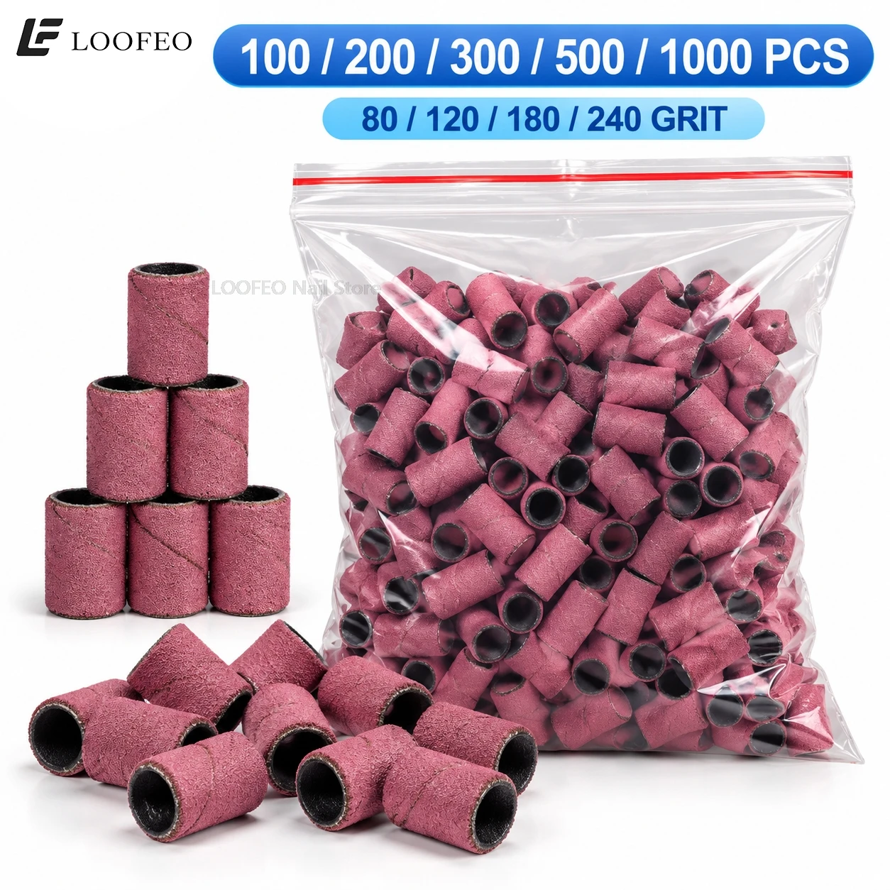 Pink Nail Drill Sanding Bands for Manicure Pedicure 6mm Nail Sanding Sleeves for Electric Nail File 80/120/180/240 Grit E-File