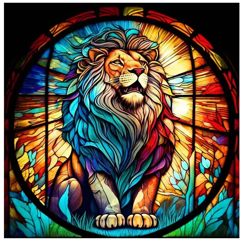 Sunature AB Diamond Painting Art Full AB Square Round Drills Lion Stained Glass Diamond Painting Kits (5-10 AB Colors)