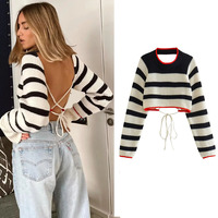 MUJER Women's Cropped Sweaters Striped Knitted Sweater Woman Pullovers Autumn Winter Crop Knit Backless Top Long sleeve Knitwear