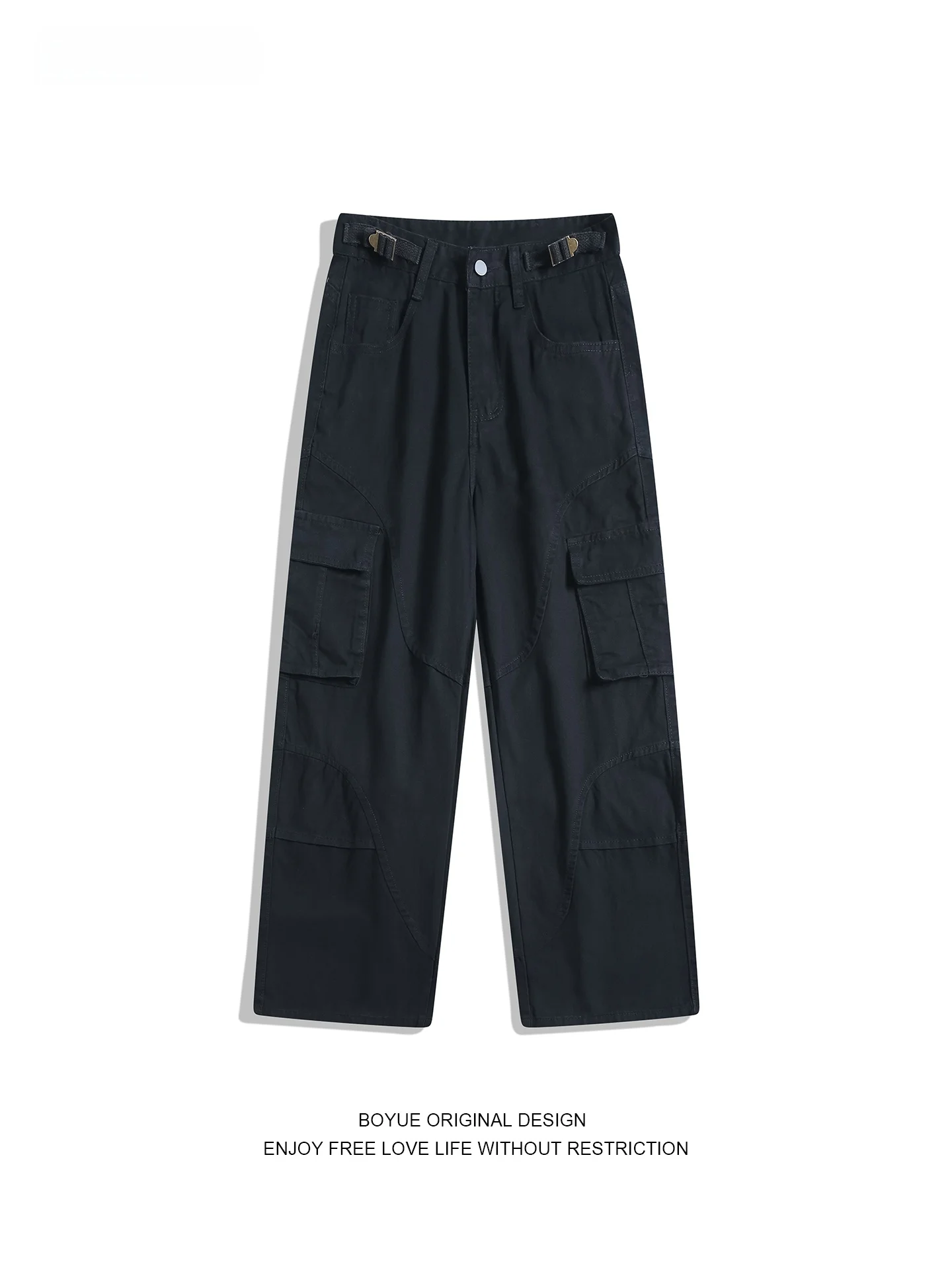 

Мужские джинсы Boyue в американском ретро-стиле с эффектом потертости, с множеством карманов, свободного кроя, с поясом, рабочие брюки, хлопок/полиэстер