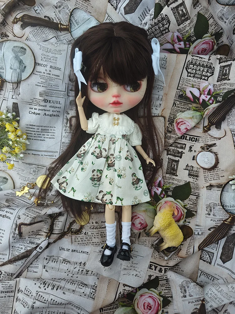 New Arrival Handmade Blythe Clothes Round Neck Short sleeves Panda motif Dress for Barbie Blyth OB22 OB24 Azone Doll Accessories