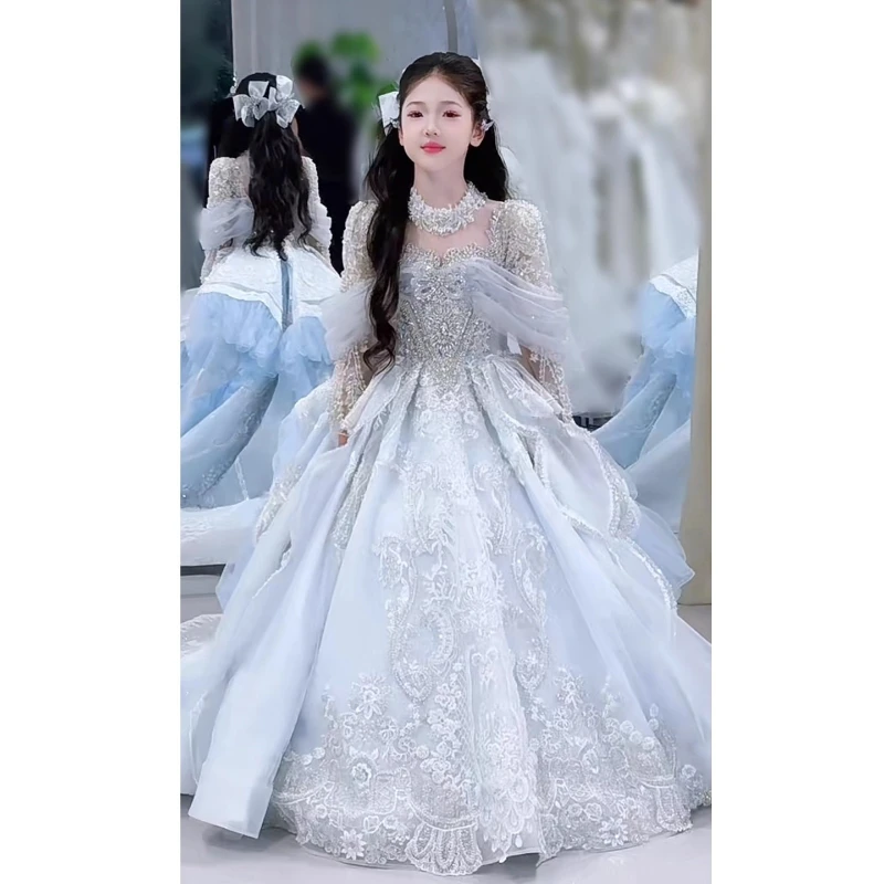

2026 New Evening Gown Kids Girls Princess Birthday Puffy Dress Children Host Piano Performance Formal Celebration Party Costume