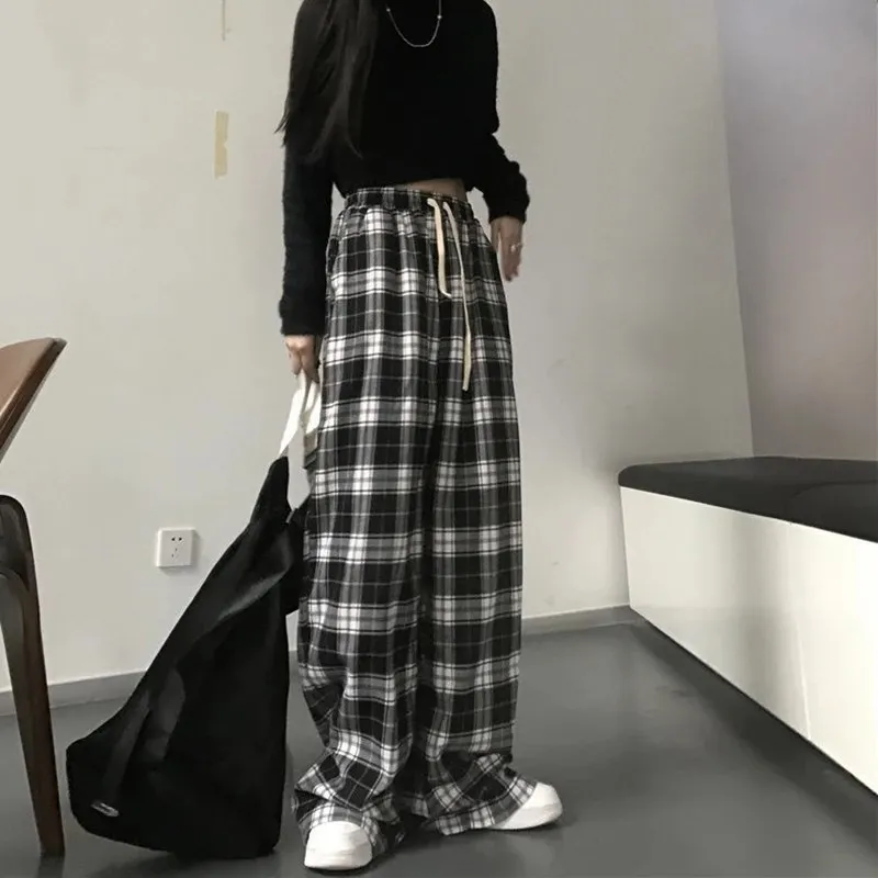 Harajuku Black and White Plaid Pants Women Summer Casual Wide Leg Trousers Korean Fashion Loose Straight Pants Y2k Bottom