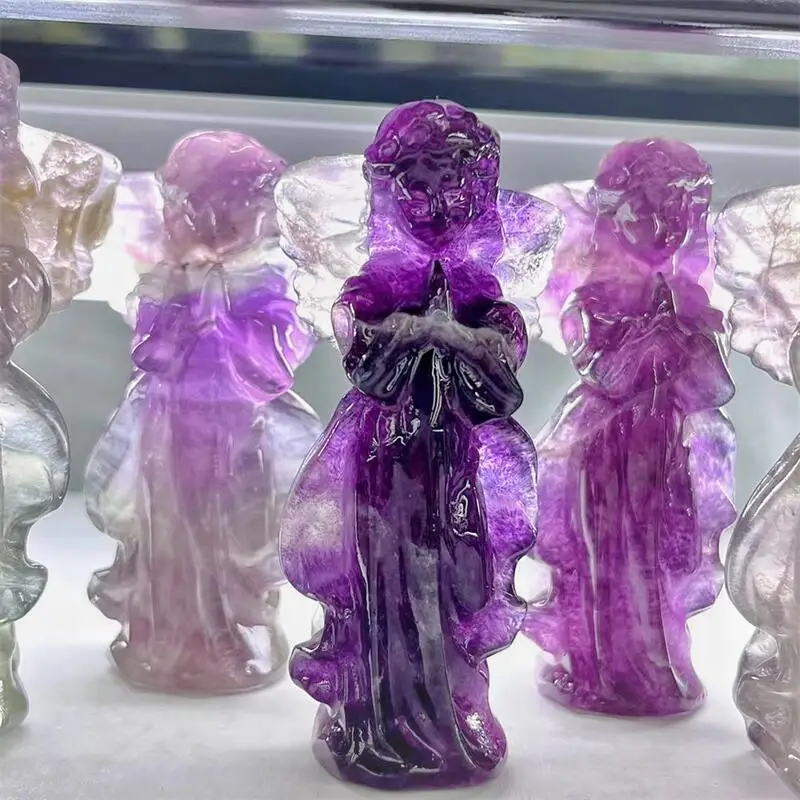 

15CM Natural Fluorite Angel Figurine Stone Carved Crafts Gemstone Decor Crystal Healing Reiki Quartz Room Decoration Gifts 1pcs