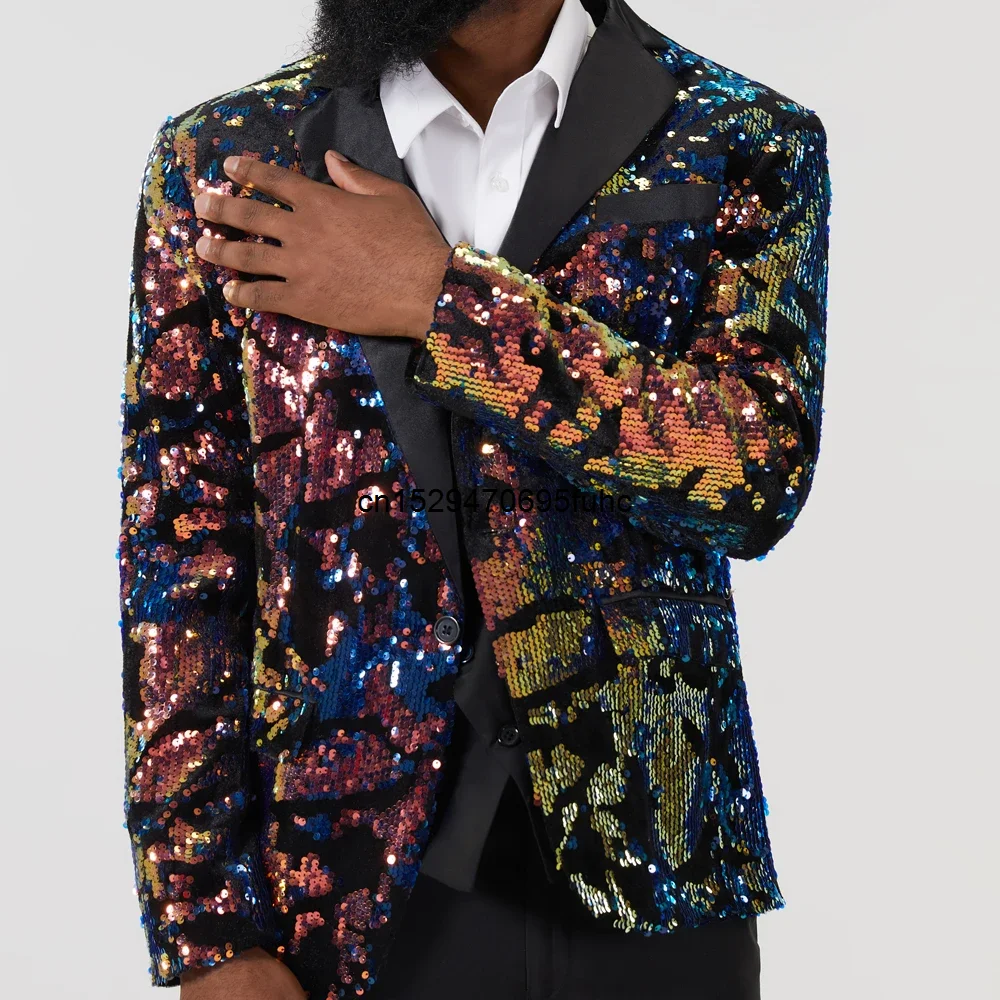 Black Sequin One Button Shawl Collar Suit Jacket Men Bling Glitter Nightclub Prom DJ Blazer Jacket Men Stage Clothes for Singers