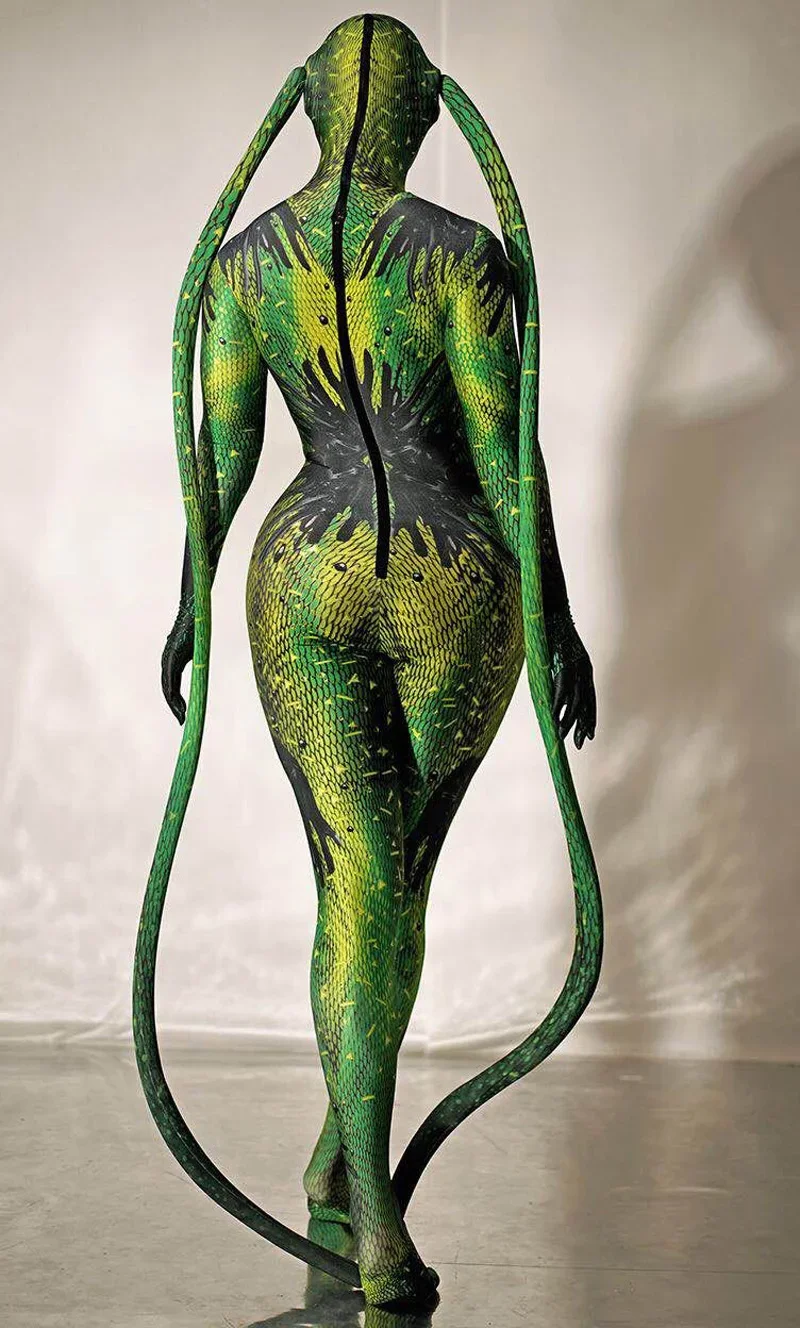 Mono ajustado elástico de LICRA de serpiente para hombre y mujer, traje de Cosplay para fiesta de Halloween, Rave, ropa de escenario, mono verde