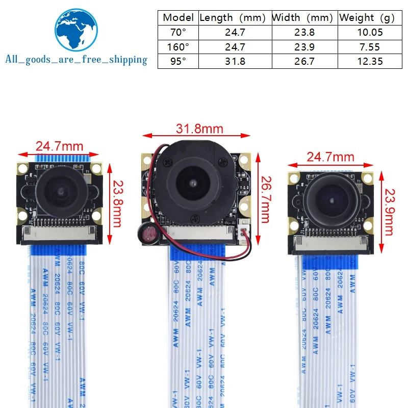 TZT Raspberry Pi 4 Telecamera Fisheye per visione notturna 5MP OV5647 Telecamera focale regolabile da 70/95/160 gradi per Raspberry Pi 3 Modello B