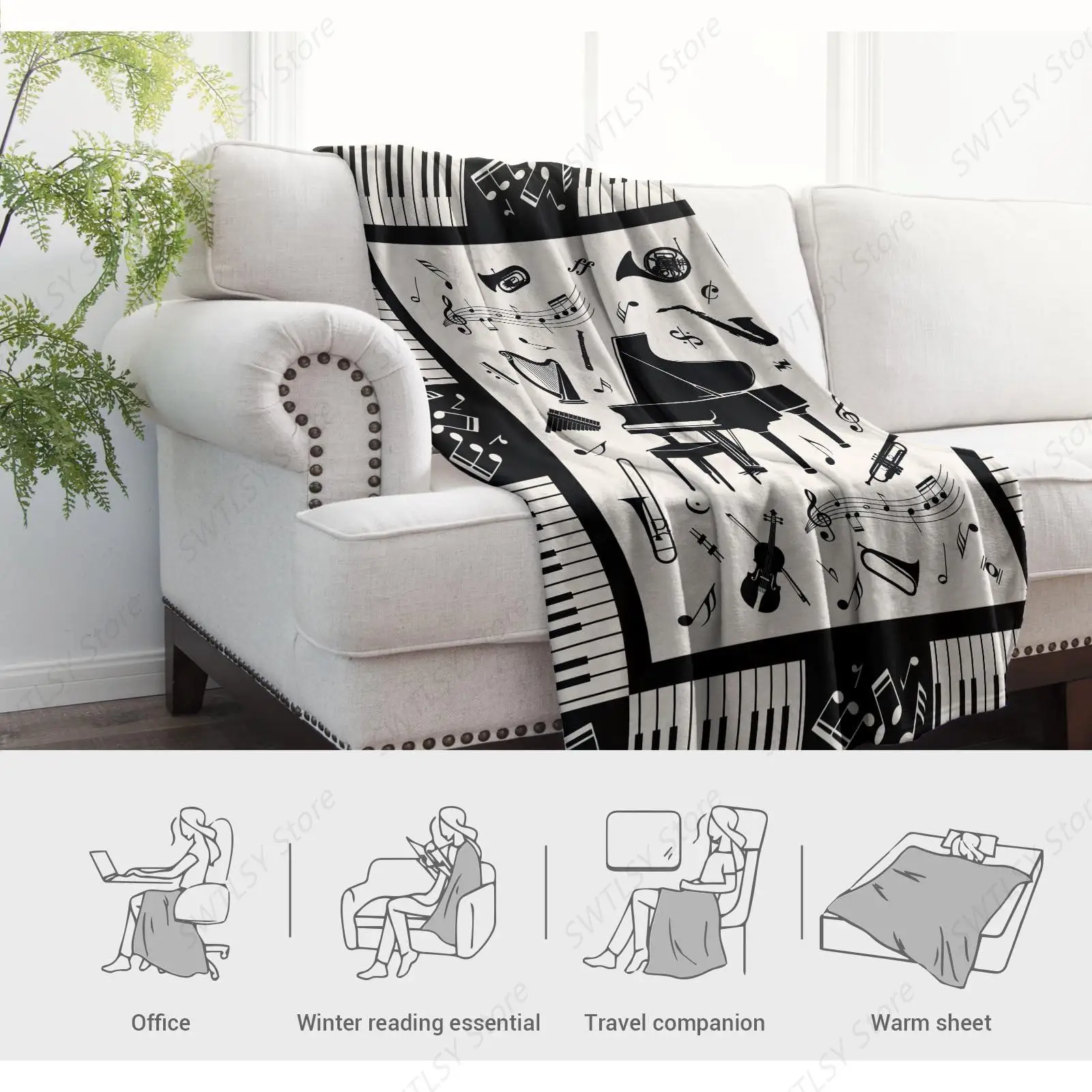 Music Blanket ,Music Piano Gifts for Women, Soft & Comfortable Gift for Music Lovers,Polyester Fleece Music Note Blanket