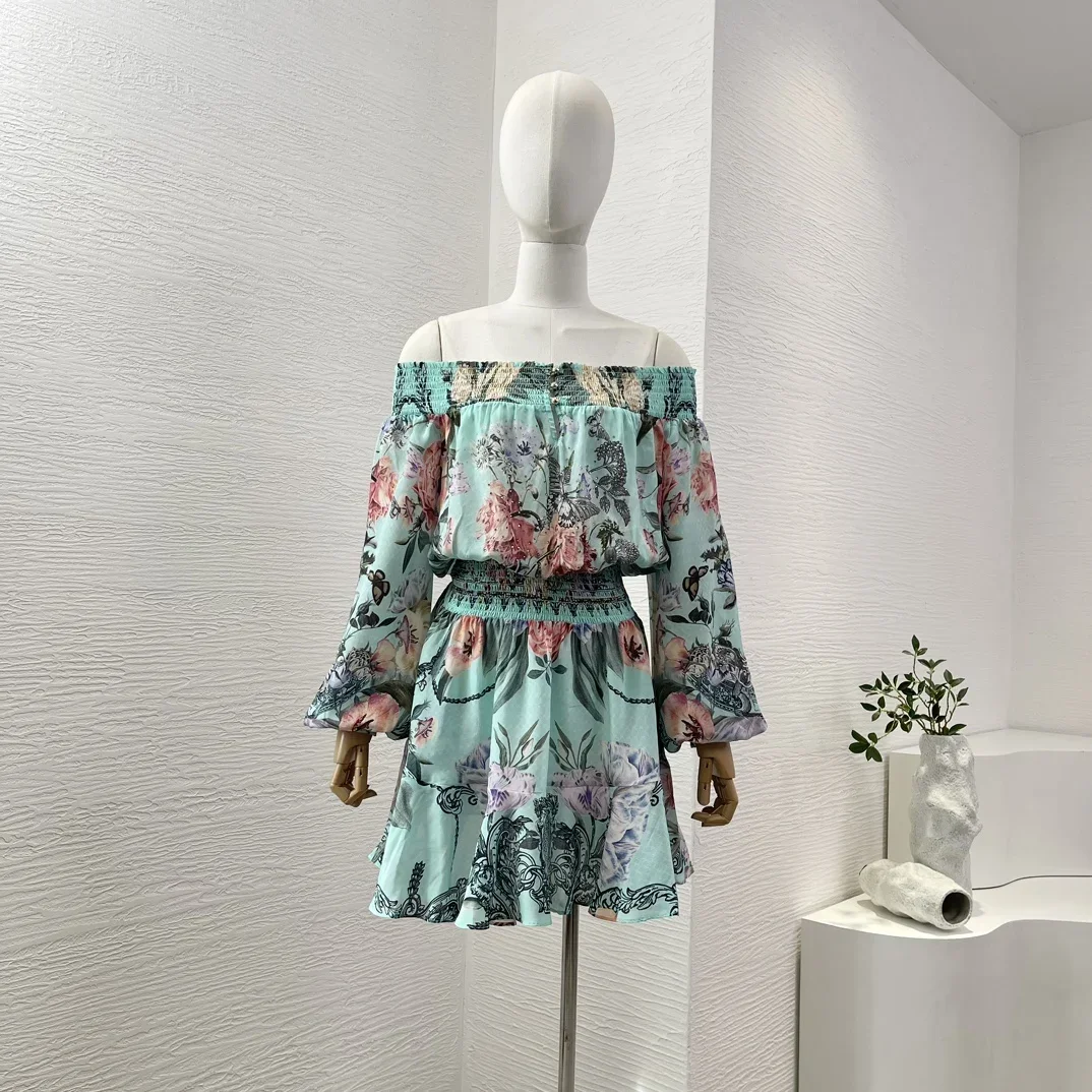 Women Blue Flowers Butterfly Print Off The Shoulder Long Sleeve Diamonds Mini Dress Stretchable Waist At Back 2024